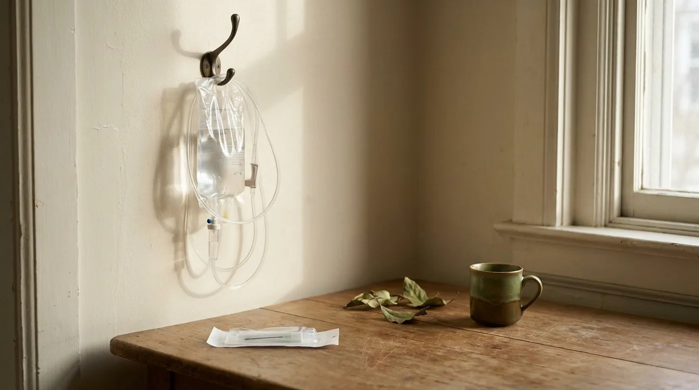A bag of sterile fluid hanging from a hook on a kitchen wall, the line coiled beside it and a sealed needle packet on the table below.