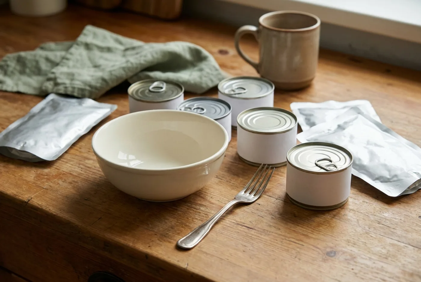 Several plain unlabelled cans and pouches of wet food on a wooden counter beside a clean ceramic bowl and a fork.