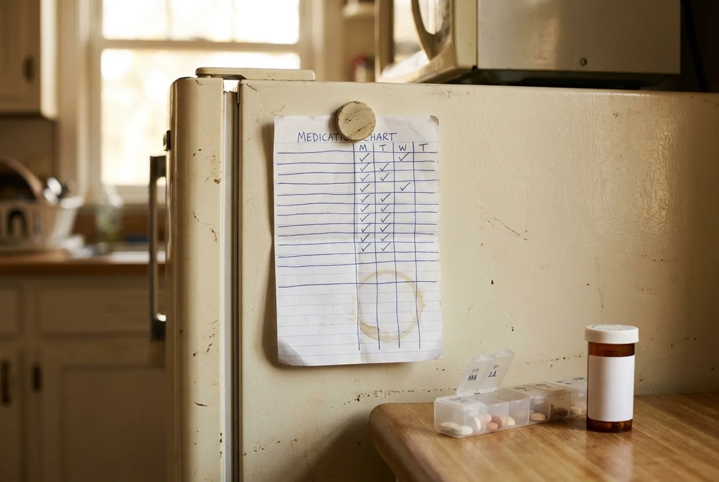 A hand-drawn medication chart held to a fridge door with a magnet, ticks in ballpoint pen, a pill organiser beside it.