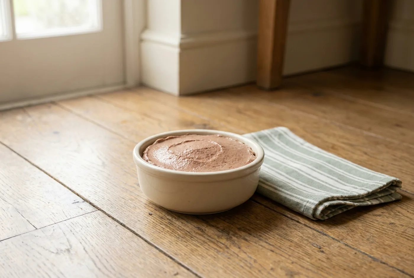 A full bowl of wet cat food on a wooden floor in morning light, the surface still smooth and completely untouched.